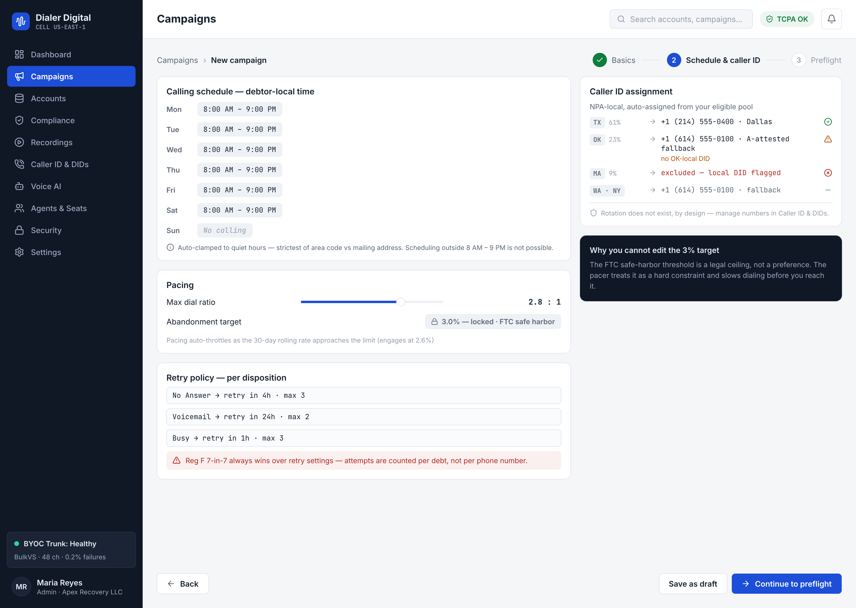 Paso 2: ventana de marcación, zona horaria default y caller ID; el pool de caller IDs y el grid por día aparecen pending