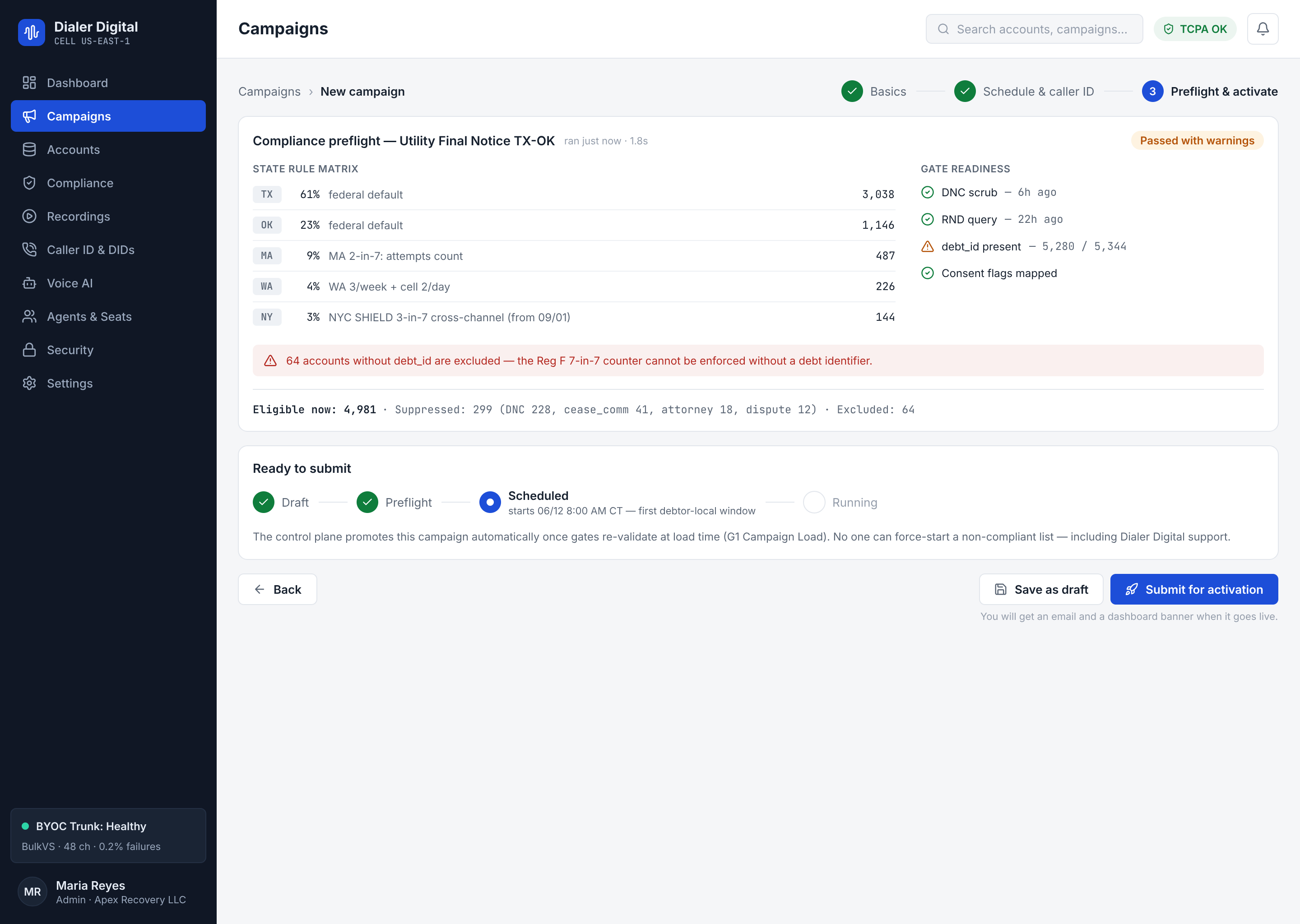 Paso 3: resumen preflight con la configuración exacta que se va a crear, y el botón de activar