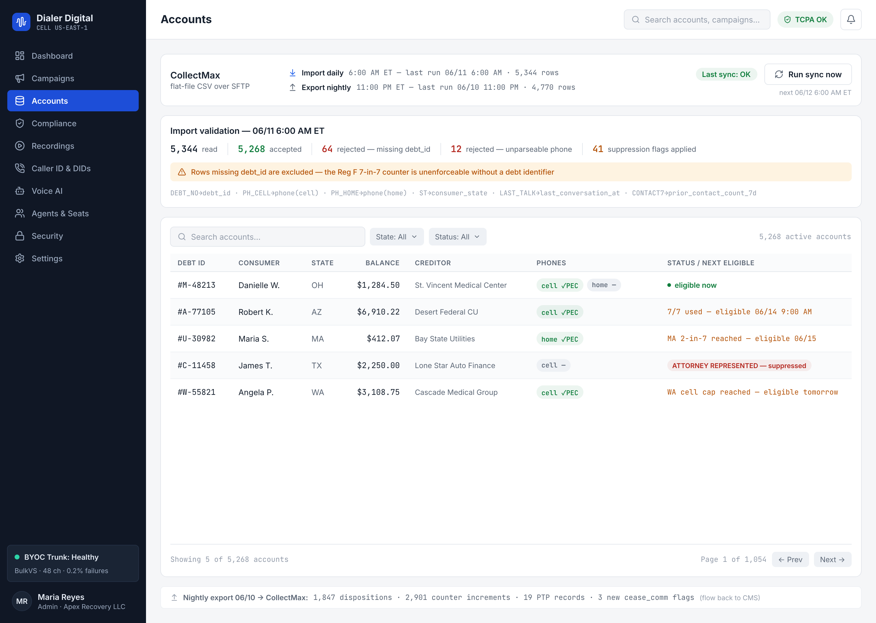 Pantalla de Accounts con la zona de carga del CSV y el historial de importaciones