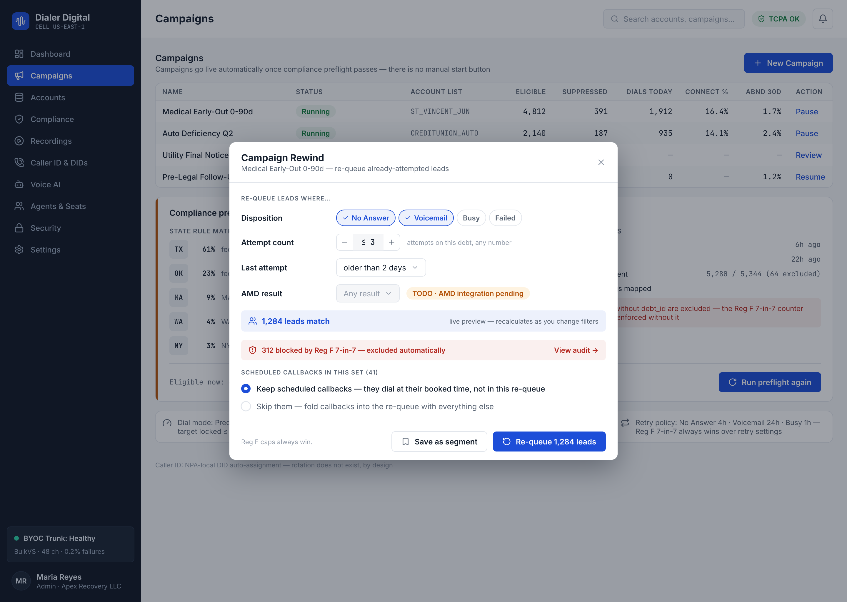 Modal de rewind: filtros por disposición, intentos máximos y antigüedad; preview con la franja de excluidos por cumplimiento