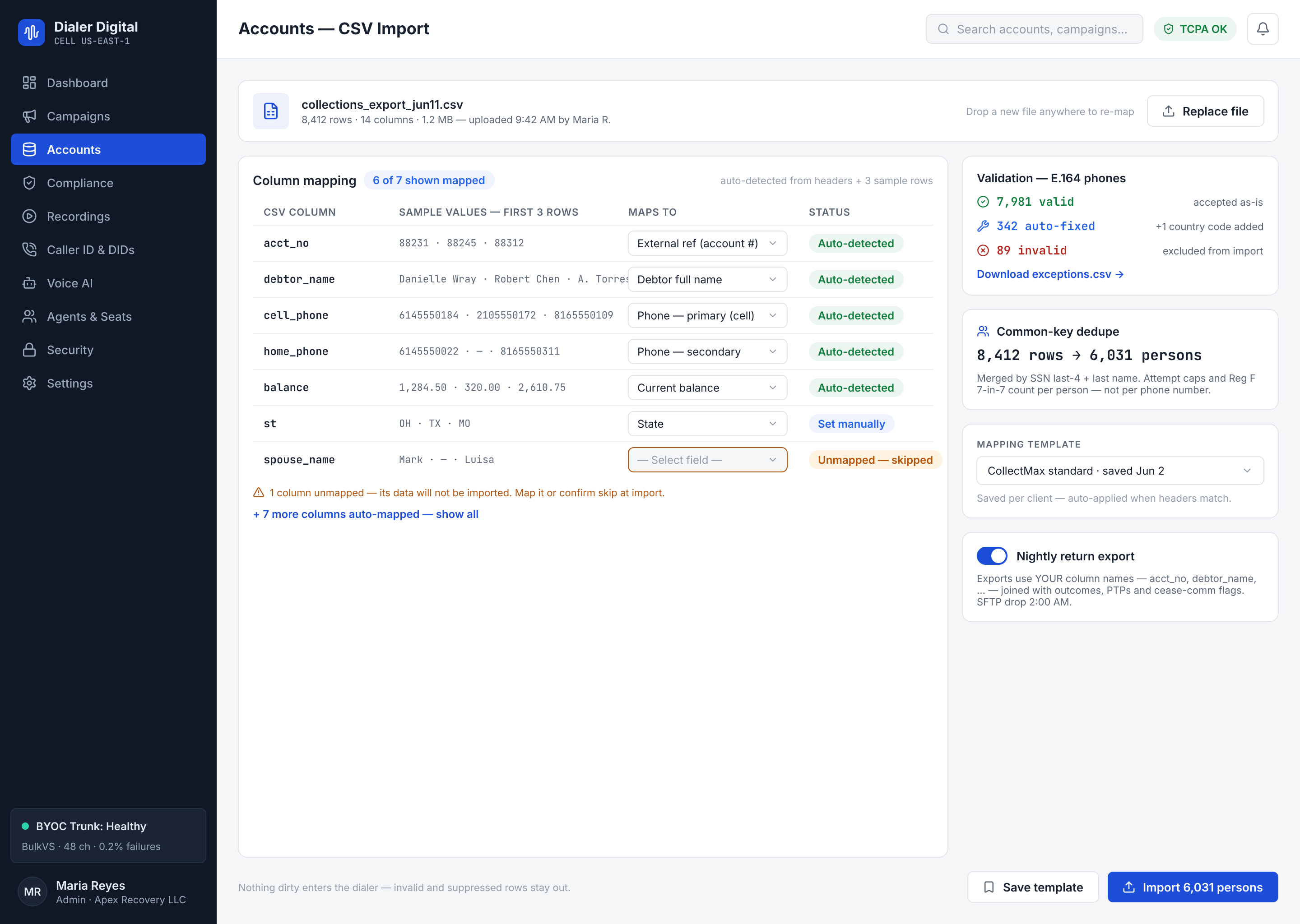 Mapeador de columnas: detección automática, vista previa de filas y selección de destino por columna